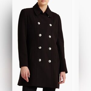 Lauren Ralph Lauren Black Crepe Pea Coat with Silver Buttons